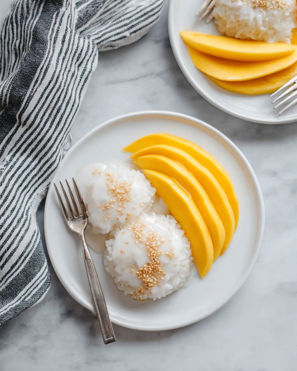 The image shows a white plate with two main layers: the left side has a mound of white sticky rice topped with a white, creamy sauce and sprinkled with light brown sesame seeds; the right side contains neatly sliced bright yellow mango pieces arranged in a fan shape with a few sesame seeds on top. A silver fork rests on the left edge of the plate. The plate is set on a white marbled surface with a striped dark gray and white cloth to the left. In the background, there is a second white plate with a similar serving of sticky rice and mango, also with a fork on it. Photo taken with an iphone --ar 4:5 --v 7