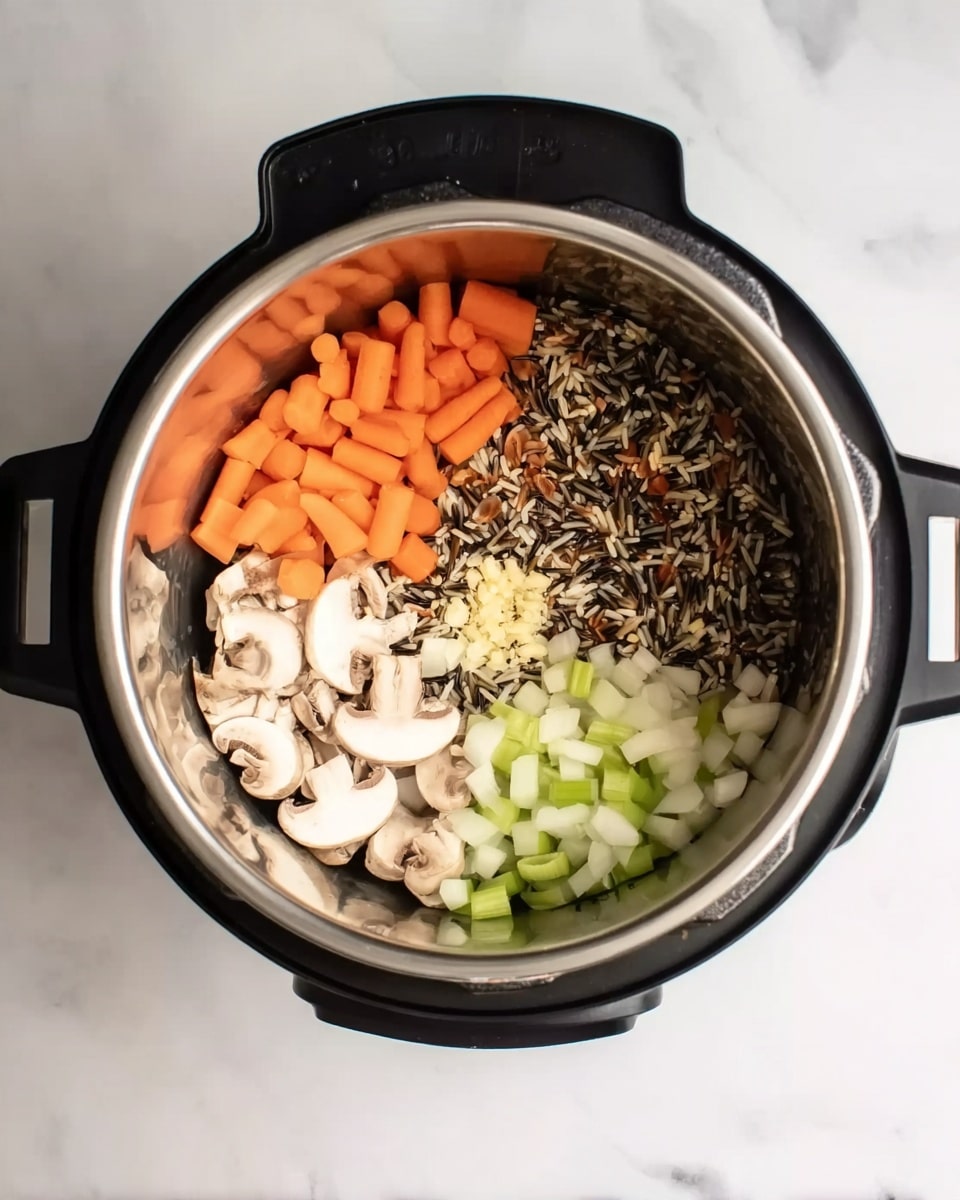 Inside a black electric cooker with a shiny silver inner pot, there are five sections of ingredients neatly placed but not mixed. On the top left, there are small bright orange carrot pieces. Next to the carrots on the top right, a pile of wild rice with mixed brown, black, and white grains forms one layer. Below the rice and carrots, in the center, there is a small heap of minced garlic with a pale cream color. Moving downward, sliced white mushrooms with light brown edges are spread over the garlic and rice. At the bottom left, light green chopped celery sticks fill a section, and to the bottom right, diced white onions complete the circle. The cooker is set on a white marbled surface. photo taken with an iphone --ar 4:5 --v 7