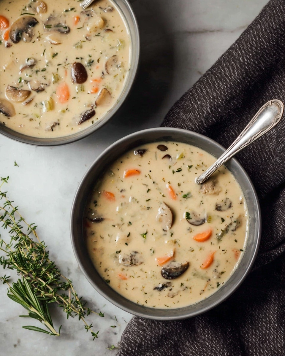 Two white bowls filled with creamy mushroom soup are placed on a white marbled surface, one bowl closer to the front and the other slightly behind. The soup has a thick, light beige color with visible chunks of orange carrot slices, brown mushroom pieces, and small green herbs mixed throughout. A silver spoon rests inside the front bowl, its handle leaning on the bowl’s edge. A dark grey cloth with a sprig of fresh rosemary and thyme sits beside the front bowl. The scene is softly lit, highlighting the texture of the soup and ingredients. photo taken with an iphone --ar 4:5 --v 7