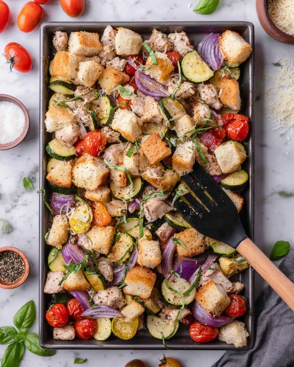 A tray filled with a colorful mix of roasted ingredients arranged in layers: at the bottom, sliced green zucchini and wedges of purple onion scattered throughout. On top of that, small pieces of light brown seasoned chicken chunks are spread evenly, mixed with bright red cherry tomatoes. Large golden-brown cubes of toasted bread sit atop the vegetables and chicken, adding texture contrast. Thin green basil strips are sprinkled all over for a fresh touch. A black spatula with a wooden handle is scooping up a portion from the right side of the tray. The tray is placed on a white marbled surface with small bowls of grated cheese, black pepper, and salt nearby, along with scattered cherry tomatoes and basil leaves. photo taken with an iphone --ar 4:5 --v 7