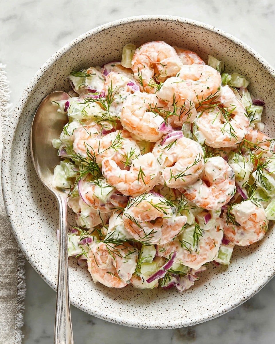 A white speckled bowl filled with a shrimp salad consisting of pink and white shrimp layered with small pieces of green celery, red onion, and sprigs of green dill mixed throughout. The shrimp are neatly arranged in curved shapes and lightly coated with a creamy dressing, giving a smooth texture. A silver spoon rests inside the bowl, positioned on the left side, and the bowl sits on a white marbled surface with some soft natural light brightening the scene. Photo taken with an iphone --ar 4:5 --v 7