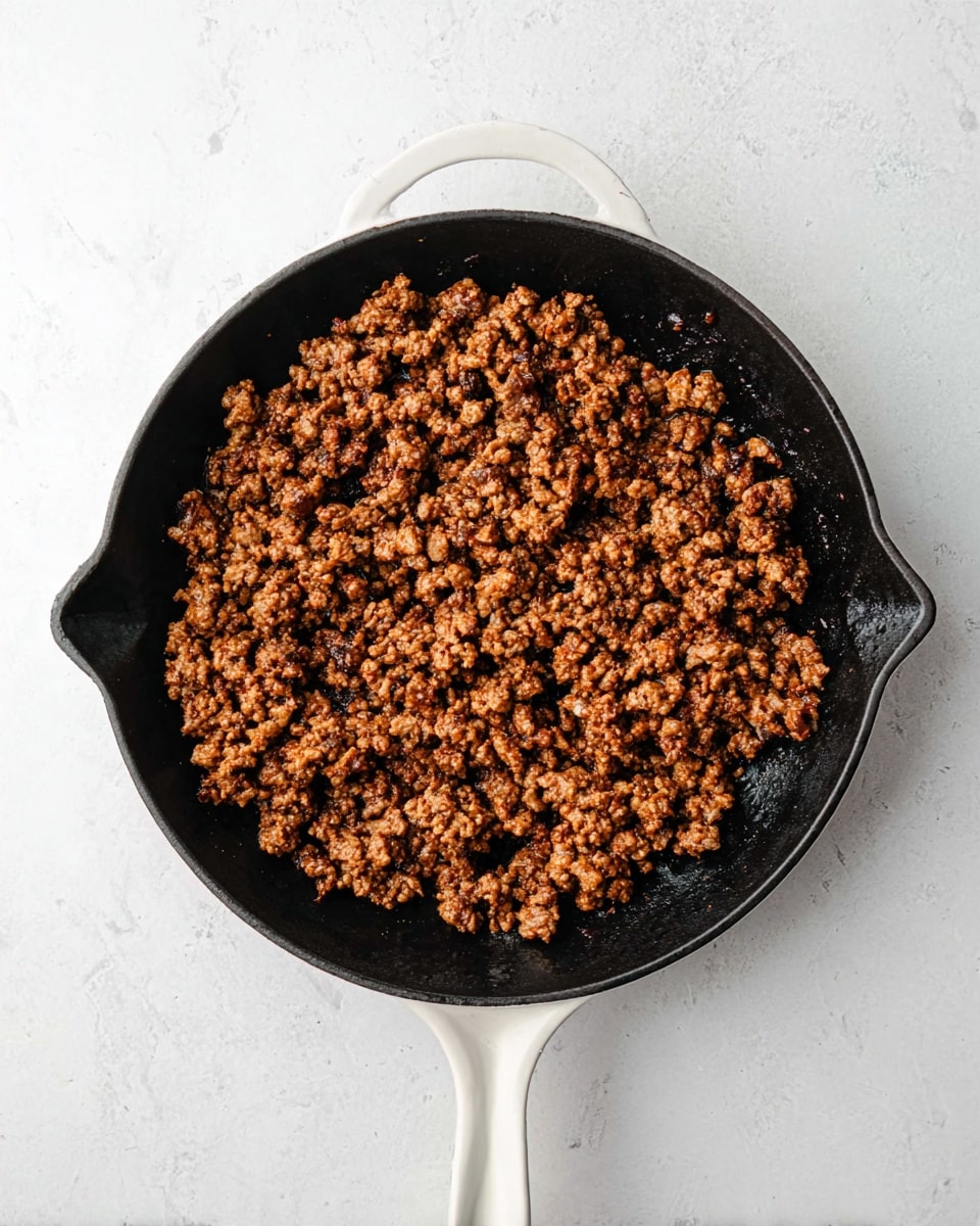 A black cast iron pan with a white handle is filled with one layer of cooked minced meat that is browned and crumbly in texture. The meat is evenly spread out inside the pan, showing a mix of dark brown and lighter brown colors, indicative of well-cooked, seasoned meat. The pan sits on a white marbled surface, providing a clean and bright backdrop. Photo taken with an iphone --ar 4:5 --v 7
