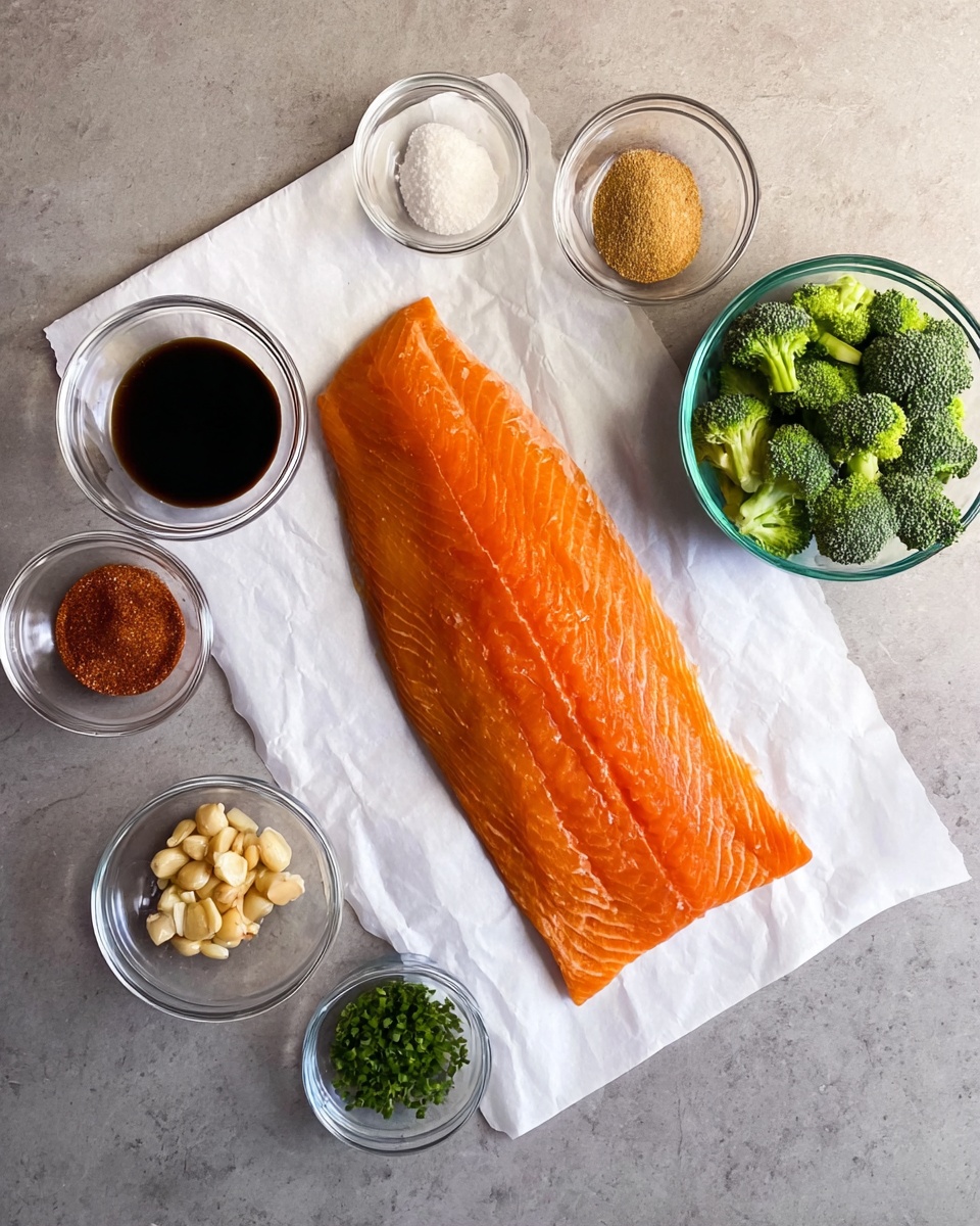 Honey Balsamic Steelhead Trout Recipe 5 A large, bright orange salmon fillet lies on white parchment paper in the center of the image. Surrounding it are seven small clear glass bowls arranged in a circle on a white marbled surface: one bowl contains dark soy sauce, another has light brown sugar, one holds bright green broccoli florets, a small bowl with beige minced garlic, a bowl with a mix of spices including salt and red powder, a bowl with a dark liquid, and a tiny bowl filled with green herbs. The colors contrast brightly against the salmon and the clean white marbled surface. photo taken with an iphone --ar 4:5 --v 7