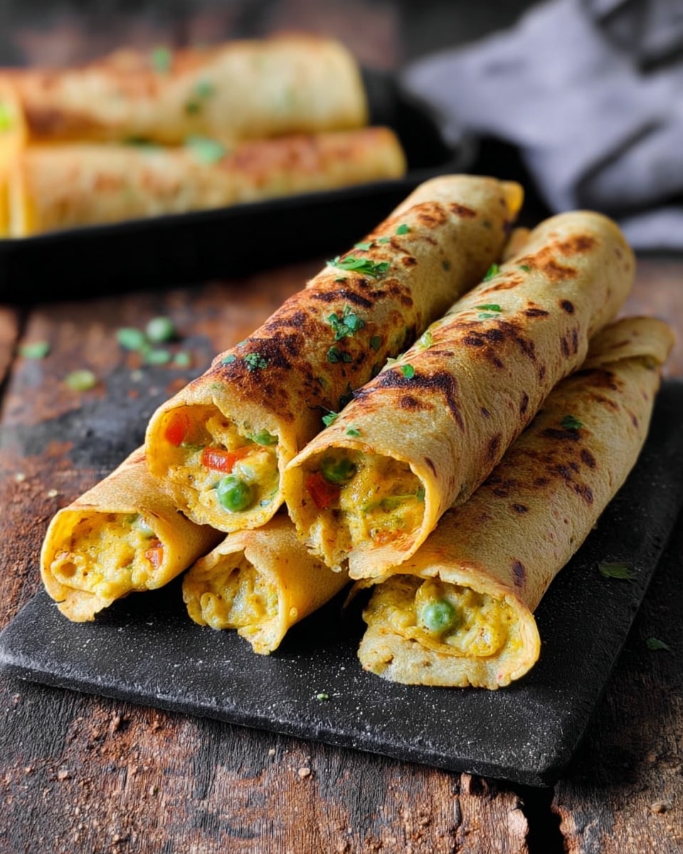 There are six rolled tortillas stacked on a black rectangular slate, each filled with a yellowish mixture that includes visible small vegetables like peas and maybe carrots, with melted cheese inside. The outside of the tortillas is golden brown with some darker spots, and each has small green herb pieces sprinkled on top. The background shows a black tray with more rolled tortillas blurred out, and a gray cloth is partially visible. The whole scene is on a rustic wood surface. photo taken with an iphone --ar 4:5 --v 7