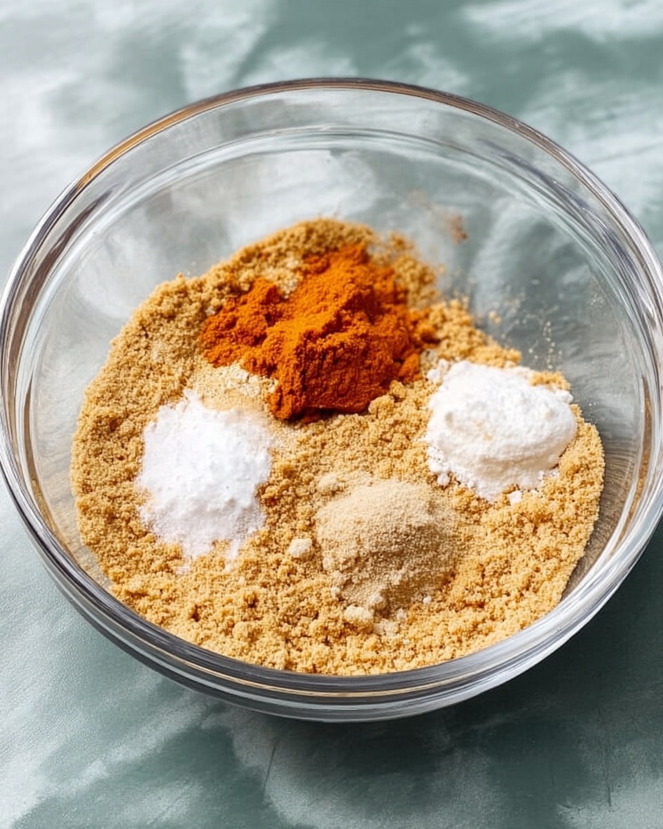 A clear glass bowl sits on a white marbled surface, filled with several dry ingredients before mixing. The bottom layer is a coarse, light brown powder spread evenly across the bowl. On top of this are four small piles of different powders and pastes: a bright orange paste slightly to the left, a small white powder pile in front, a slightly larger white dollop behind the white powder, and a light brown fine powder pile on the right next to the white powder. The colors and textures contrast clearly inside the transparent bowl. photo taken with an iphone --ar 4:5 --v 7
