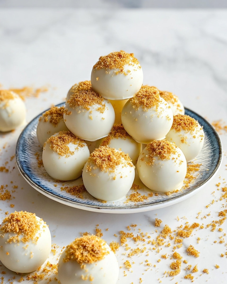 A pile of round white balls coated in smooth white chocolate, stacked in a pyramid shape on a white plate with a rough textured blue and gray rim, each ball topped with a golden brown crumbly powder. Around the plate and on the white marbled surface are more white chocolate balls also sprinkled with the golden brown crumbs, creating a textured and warm look. The white chocolate coating is smooth and shiny, contrasting with the rough crumb topping that adds a touch of color and texture. photo taken with an iphone --ar 4:5 --v 7