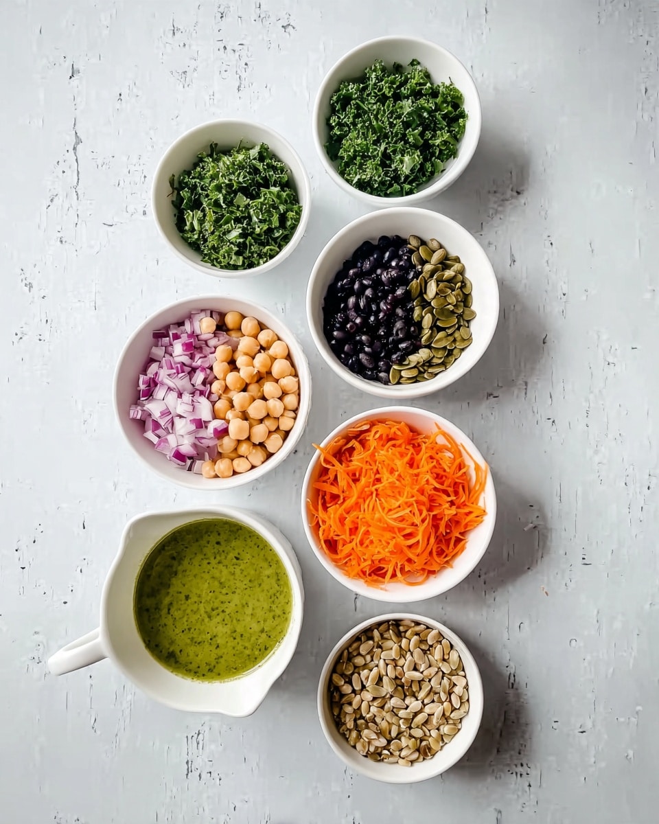 The image shows seven small white bowls arranged on a white marbled surface. From top to bottom, the bowls contain finely chopped green herbs, roughly chopped kale, small pieces of red onion, a mix of chickpeas, black beans, and lentils, bright orange shredded carrots, smooth green dressing in a small bowl with a curved handle, and light barley grains. Next to the bowl with beans, there is another small white bowl filled with pumpkin seeds. The colors are bright and fresh, and the arrangement is neat, highlighting each ingredient separately. Photo taken with an iphone --ar 4:5 --v 7