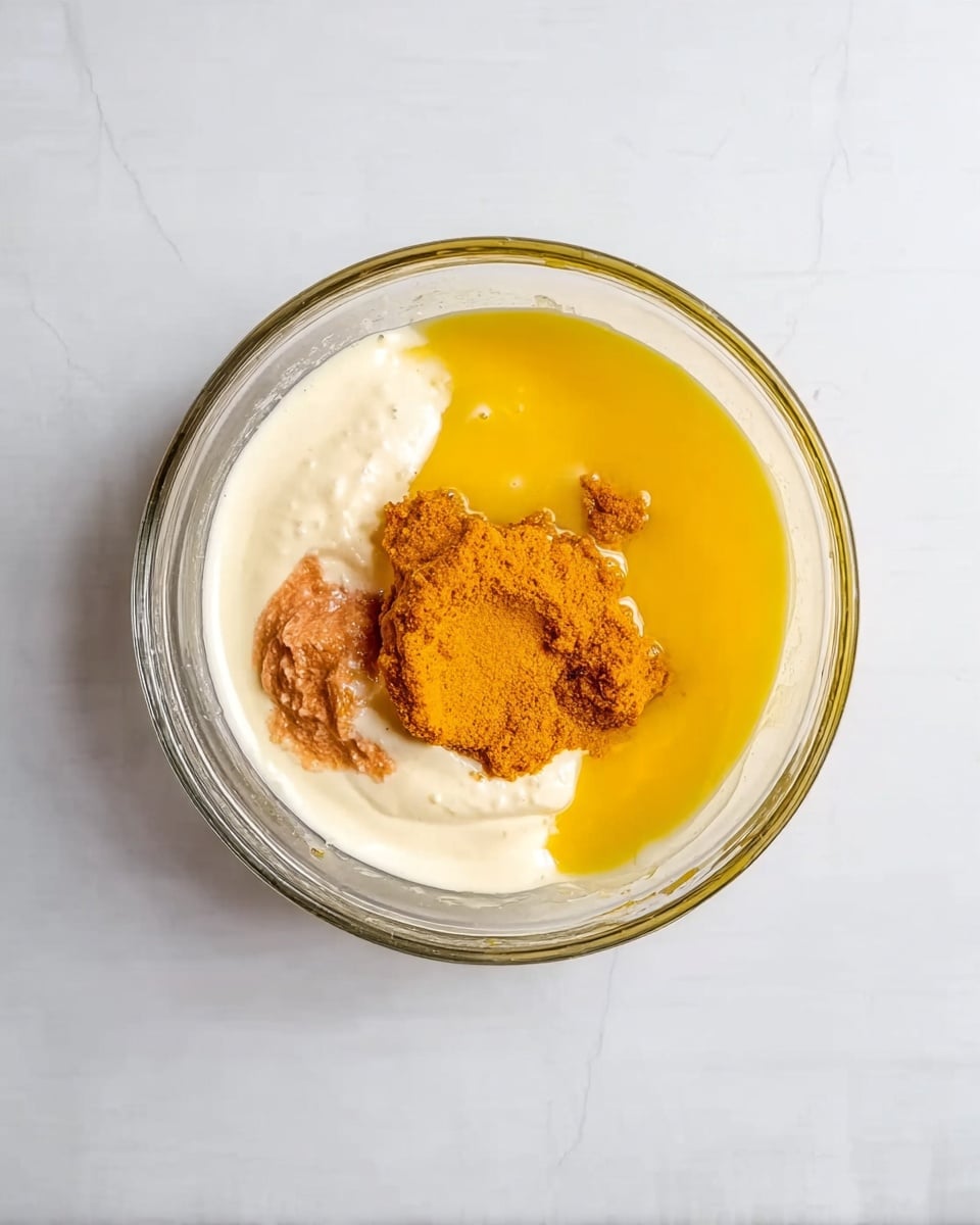 A top view of a clear glass bowl containing three layers of ingredients: a white creamy layer filling most of the bowl, a rough textured orange-brown paste sitting on the left side of the bowl, and a smooth bright yellow liquid on the right side, all placed on a white marbled surface. photo taken with an iphone --ar 4:5 --v 7