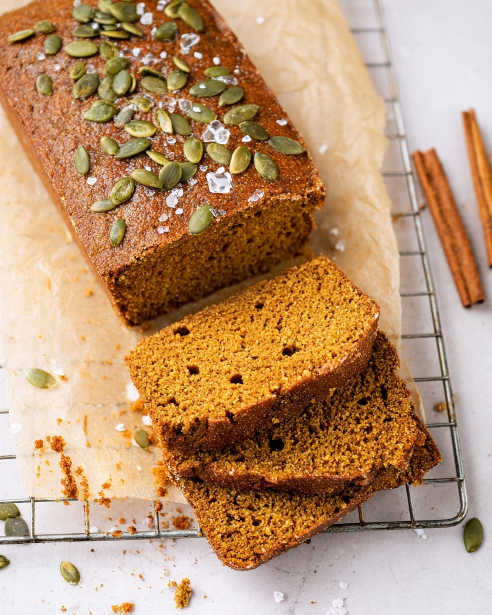 The image shows a loaf of brown cake with a rough texture, topped with green pumpkin seeds and a few sugar crystals scattered on the surface. The cake is on a metal cooling rack placed on light brown parchment paper over a white marbled surface. Three slices are cut from the loaf and laid in front, showing the moist, dense crumb inside with small air pockets. Some pumpkin seeds and crumbs are placed around the rack, and a few pieces of cinnamon sticks are visible in the top right corner. photo taken with an iphone --ar 4:5 --v 7