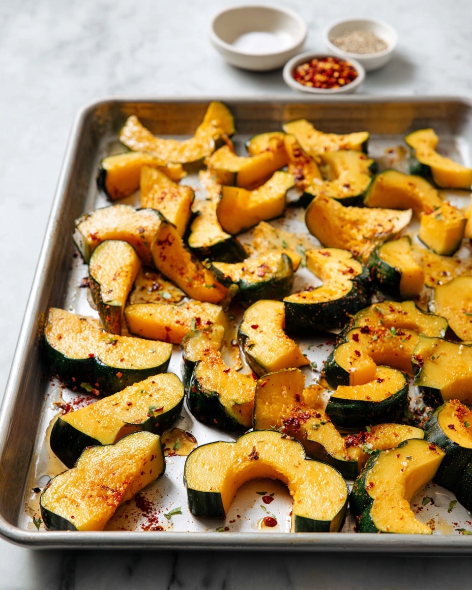 The image shows a metal baking tray filled with many pieces of sliced acorn squash. Each piece has a dark green outer skin and yellow-orange flesh, with a slightly shiny texture from oil. The squash pieces are cut into thick, irregular shapes, some crescent and some more angular. They are sprinkled with red spices and herbs, with small specks visible on the surface. In the background, there are two small white bowls, one with red flakes and the other with a white granular seasoning, all placed on a white marbled surface. photo taken with an iphone --ar 4:5 --v 7