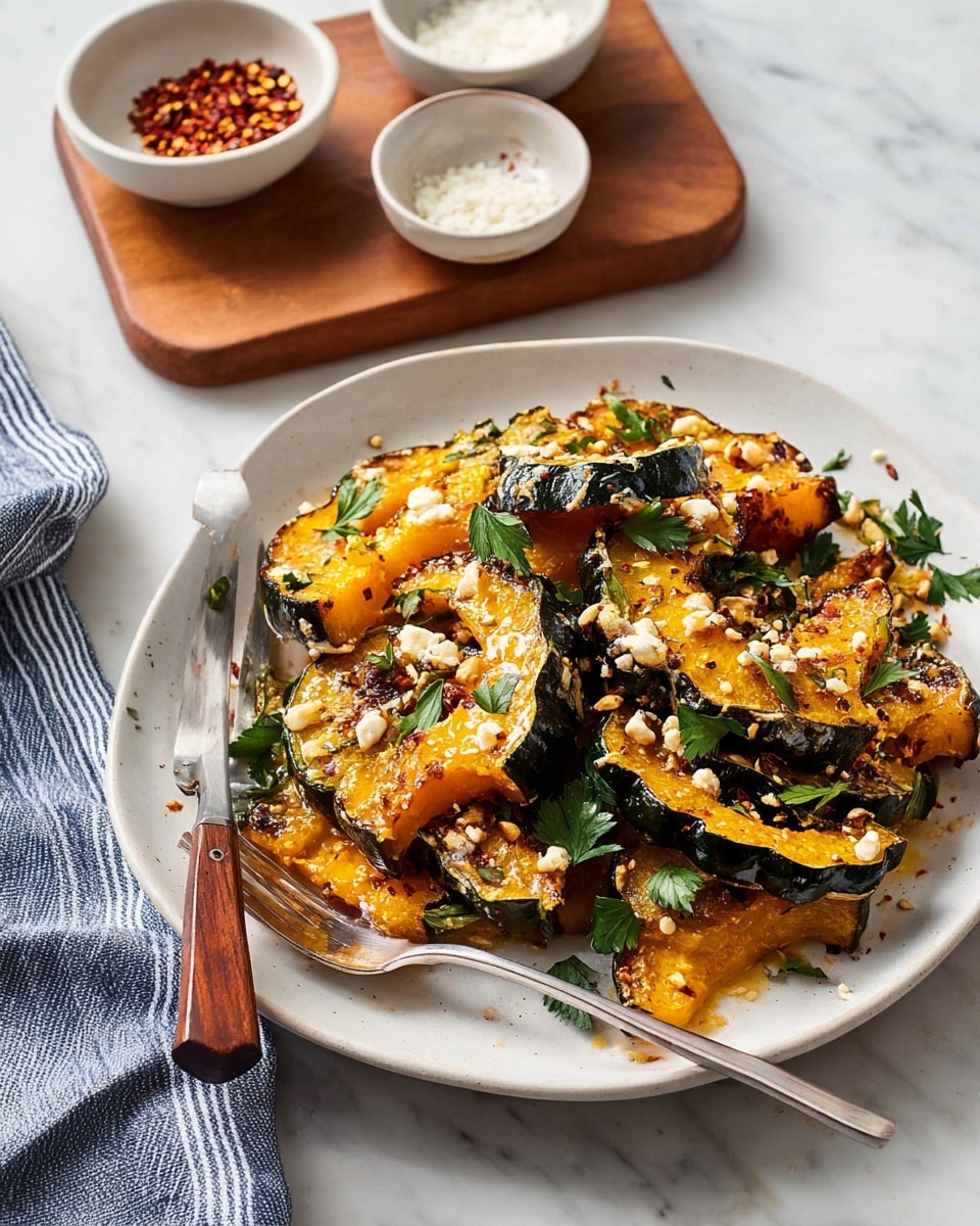 The dish shows one layer of sliced roasted squash with dark green skins and bright orange flesh, placed loosely on a round white plate, garnished with scattered green parsley leaves and small crumbles of white cheese or nuts on top. A silver spoon holding a piece of squash rests near the plate’s edge, alongside a fork with a brown wooden handle. In the background on a light brown wooden board, two small white bowls hold red chili flakes and white grated cheese, all set on a white marbled surface with a blue and white striped cloth partially visible. Photo taken with an iphone --ar 4:5 --v 7