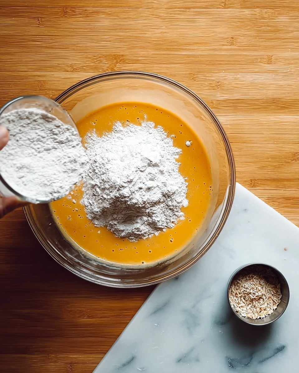 A clear round bowl sits on a white marbled surface, filled halfway with a smooth orange liquid base. In the middle of the orange mixture is a mound of white powdery flour waiting to be mixed in. Flying towards the bowl is a glass container held by a woman's hand, shaking more white flour into the orange mixture. To the right on the surface is a small metal cup with some brown and beige particles inside. photo taken with an iphone --ar 4:5 --v 7