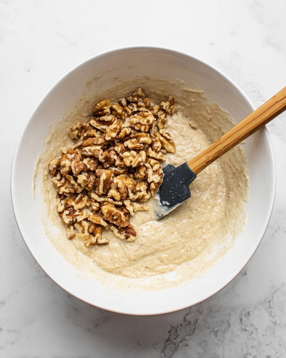 A white bowl sits on a white marbled surface, filled with pale thick batter that has a slightly lumpy texture. On top of the batter, there is a pile of chopped walnuts, showing their rough and uneven brown pieces. A spatula with a black silicone head and a wooden handle rests inside the bowl, partially covered in batter. The scene shows a mixing stage before the nuts are folded completely into the batter. photo taken with an iphone --ar 4:5 --v 7