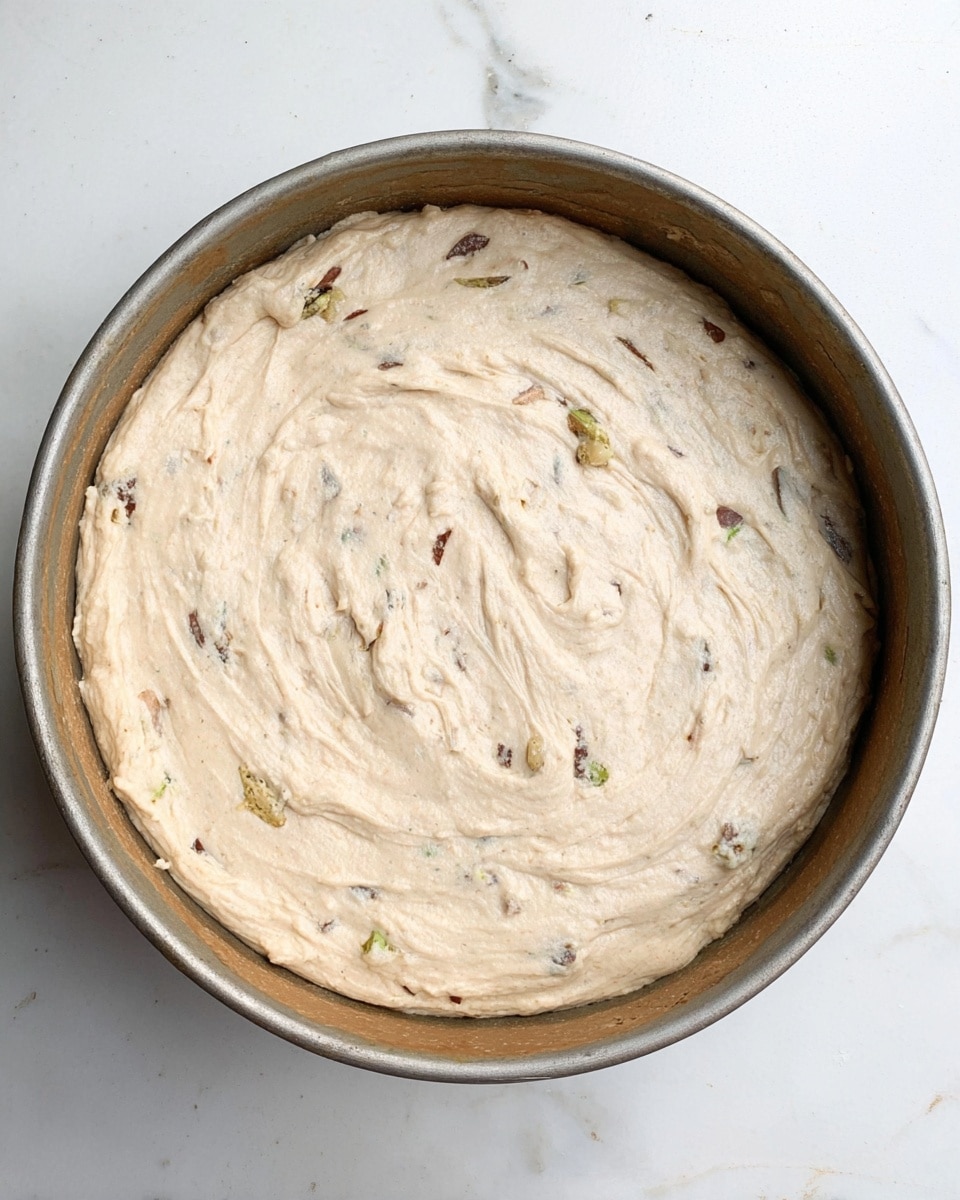 A round metal baking pan filled with a thick, light beige batter that has visible small mixed-in pieces of different colors like dark brown and green, showing bits of ingredients throughout. The batter surface is smooth but slightly swirled with soft waves. The pan sits on a white marbled surface. photo taken with an iphone --ar 4:5 --v 7