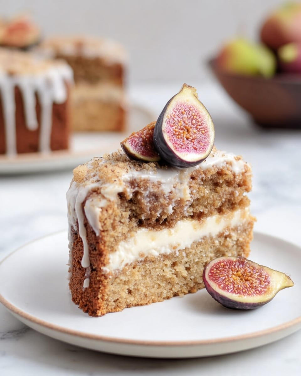 The slice of cake has three visible layers: a light brown crumbly top layer with a white icing drizzle, a middle layer that is creamy white, and a darker brown crumbly bottom layer. The top of the cake is decorated with two small slices of fresh fig, showing pink and red inside with tiny seeds. The cake sits on a simple white plate placed on a white marbled surface, with a blurred second slice and a bowl of fruit in the background. The photo taken with an iphone --ar 4:5 --v 7