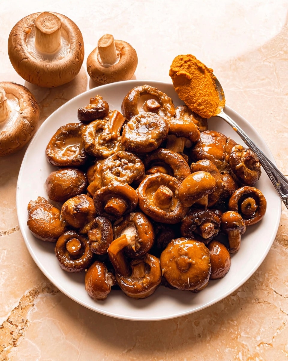 A white plate filled with a large pile of cooked brown mushrooms, some whole and some sliced, showing glossy, textured caps and stems with a light sauce coating; next to the plate on a white marbled surface is a spoon holding an orange paste, and two raw mushrooms are placed nearby, all arranged with warm lighting that highlights the rich brown tones of the mushrooms photo taken with an iphone --ar 4:5 --v 7