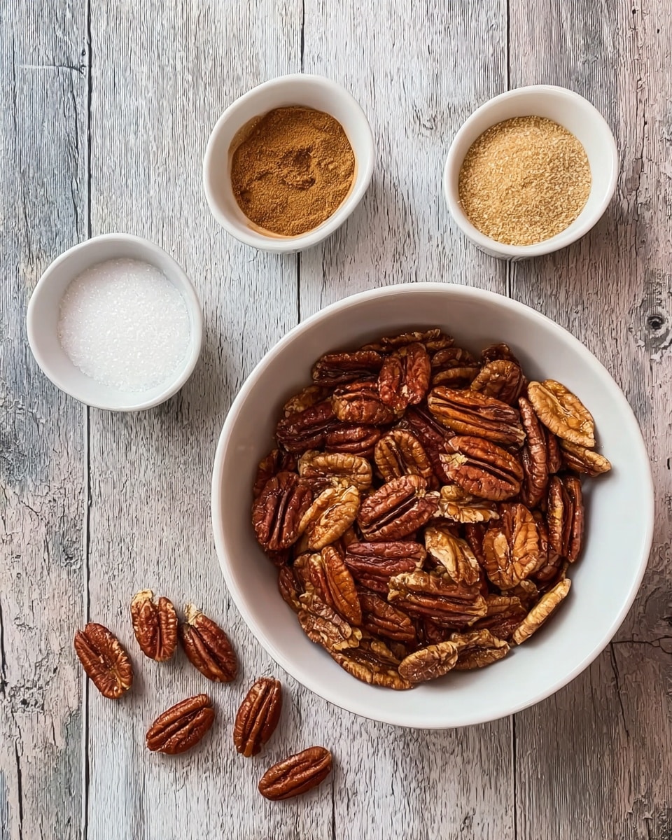 A white bowl filled with whole pecans is placed on a textured wooden surface. Around the bowl, there are three small white bowls: one with ground cinnamon, one with white granulated sugar, and one with light brown sugar. A few pecans are scattered near the bowl on the surface. The surface is rustic wood but should be described as white marbled texture. photo taken with an iphone --ar 4:5 --v 7