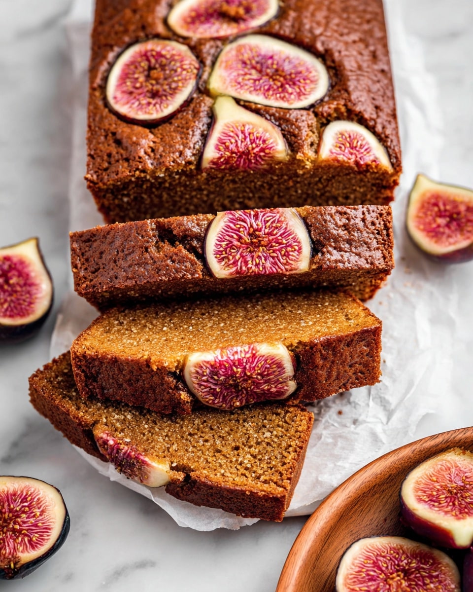 The image shows a sliced fig cake with a rich brown color and a slightly textured surface. The top layer features several round fig slices embedded into the cake, each fig slice showing a vibrant mix of red, pink, and light yellow seeds and flesh with a thin dark purple edge. The cake is cut into four thick slices stacked on top of each other, with the inside texture appearing soft and moist. The cake and slices rest on white parchment paper, placed on a white marbled surface. A wooden plate with fresh fig halves is partly visible on the right side of the image. Photo taken with an iphone --ar 4:5 --v 7