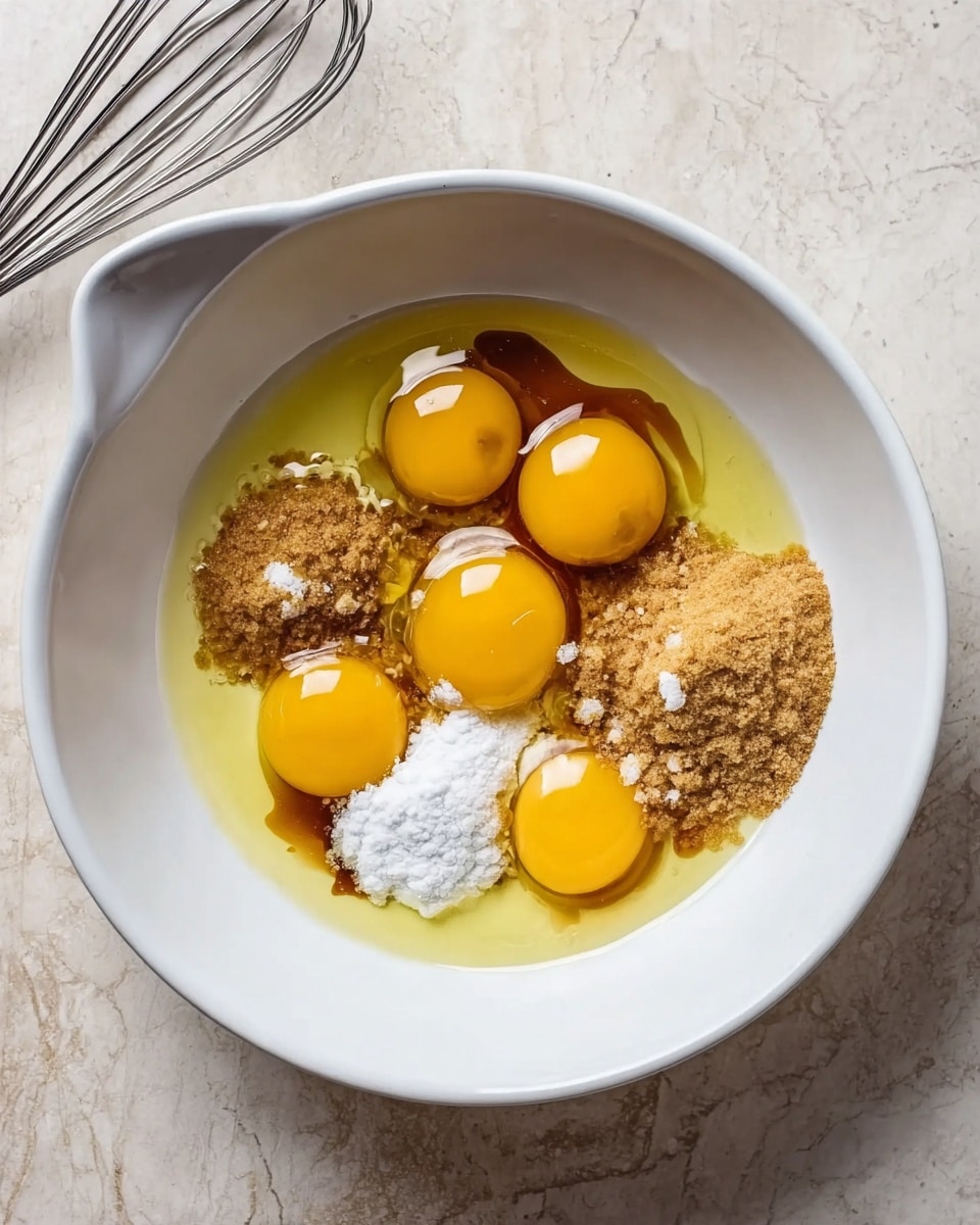 A white bowl with a spout shows five cracked raw eggs with bright yellow yolks and clear whites inside. Around the eggs are three piles of dry ingredients: one has light brown sugar, another has white flour, and the third looks like a dark liquid, possibly vanilla or syrup. The bowl sits on a white marbled surface, and a silver whisk is placed near the bowl at the top left. The photo taken with an iphone --ar 4:5 --v 7