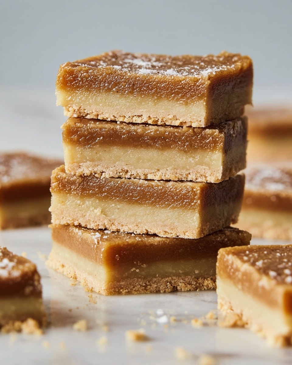 A stack of four square dessert bars is shown close up on a white marbled surface, each bar having two visible layers: a thick, smooth, light brown filling with a slightly glossy, textured top layer, sitting on a thinner, crumbly pale beige crust base. The layers are even and neatly stacked, with crumb bits scattered around, and a soft focus on more bars in the background. photo taken with an iphone --ar 4:5 --v 7