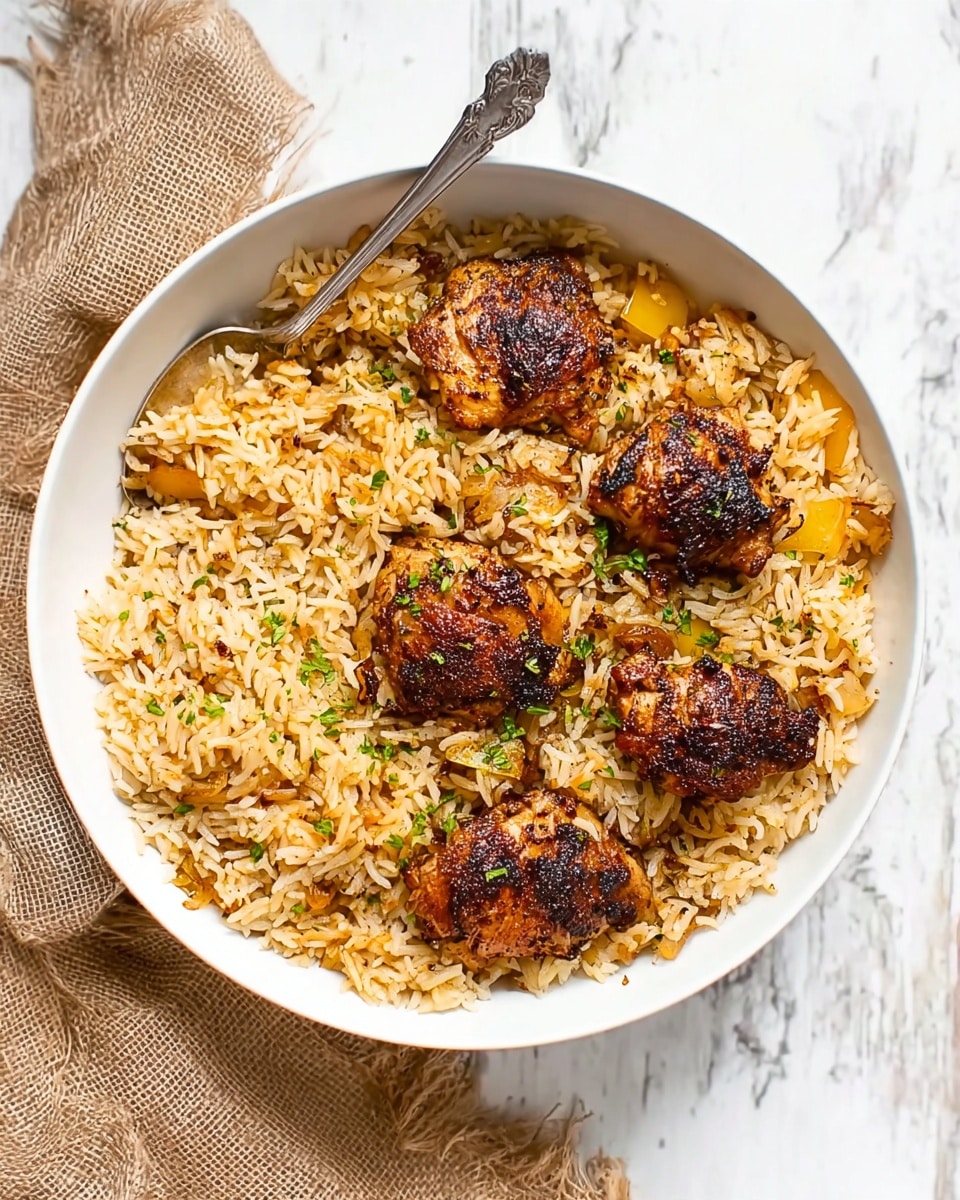 A white bowl filled with a layered dish of golden-brown cooked rice mixed with small pieces of yellow bell pepper and finely chopped onions. On top, there are five pieces of grilled chicken with a dark brown, slightly crispy skin, evenly spread across the rice. The rice looks fluffy and well seasoned with visible specks of black pepper and herbs throughout. A silver spoon rests inside the bowl, positioned on the left side, slightly buried in the rice. The bowl is placed on a white marbled surface next to a beige burlap cloth. photo taken with an iphone --ar 4:5 --v 7