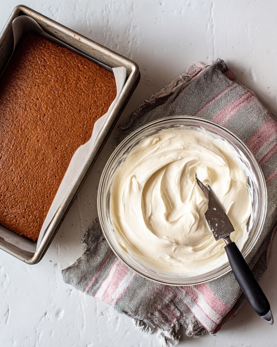 The image shows two main items on a white marbled surface: on the left is a brown baked rectangular cake layer in a metal tray lined with parchment paper, with a textured but smooth surface; on the right, there is a clear glass bowl filled with white creamy frosting, showing swirled and smooth texture, with a spreader knife with a black handle resting inside it, all placed on a gray cloth with pink stripes. photo taken with an iphone --ar 4:5 --v 7