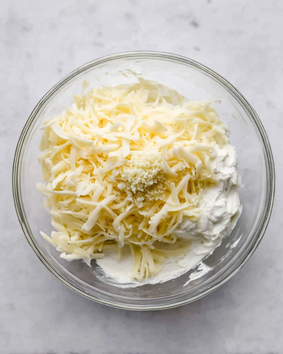 A clear glass bowl sits on a white marbled surface, filled with a mix of ingredients. At the bottom, there is a soft white layer of cream cheese with a smooth texture. On top of this, fresh shredded mozzarella cheese is scattered, displaying thin, slightly curly strands in a pale yellow-white color. In the center, there is a small mound of finely minced garlic, adding a rougher texture and a pale yellow color to the mix. The ingredients are not fully mixed, showing distinct layers inside the bowl. photo taken with an iphone --ar 4:5 --v 7