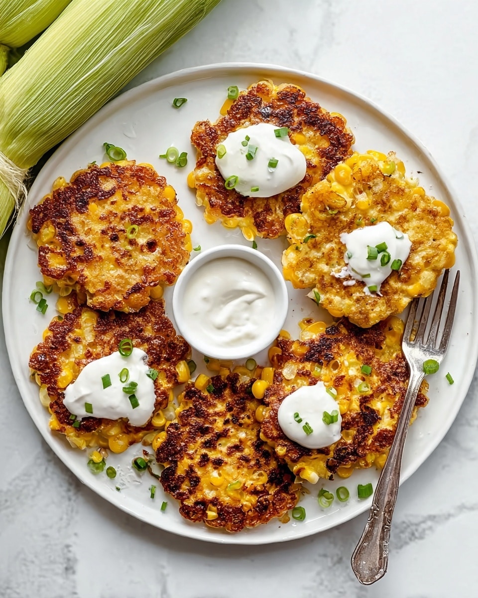 A white plate holds six corn fritters arranged in a circular pattern, each fritter golden-brown with slightly charred spots and visible yellow corn kernels. Three of the fritters have dollops of smooth white sour cream on top, garnished with small green onion pieces. A small white bowl filled with more sour cream and a silver spoon rests on the plate’s edge. The plate sits on a white marbled surface, with two fresh corn ears partially visible in the top left corner. Photo taken with an iphone --ar 4:5 --v 7