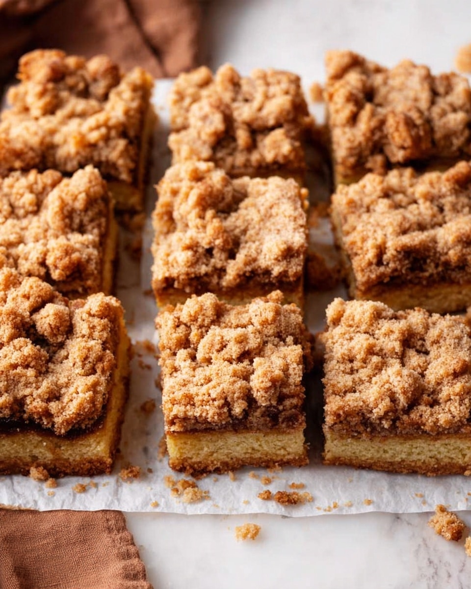 The image shows ten square crumb bars arranged together on white parchment over a white marbled surface. Each crumb bar has two visible layers: a bottom layer of soft, golden-yellow cake and a thick top layer of chunky, light to dark brown crumb topping with a rough texture. The crumb bits vary in size and appear crumbly and crisp. There are a few crumbs scattered around the bars, enhancing the homemade feel. A bit of a brown cloth is visible on the left side of the image. photo taken with an iphone --ar 4:5 --v 7