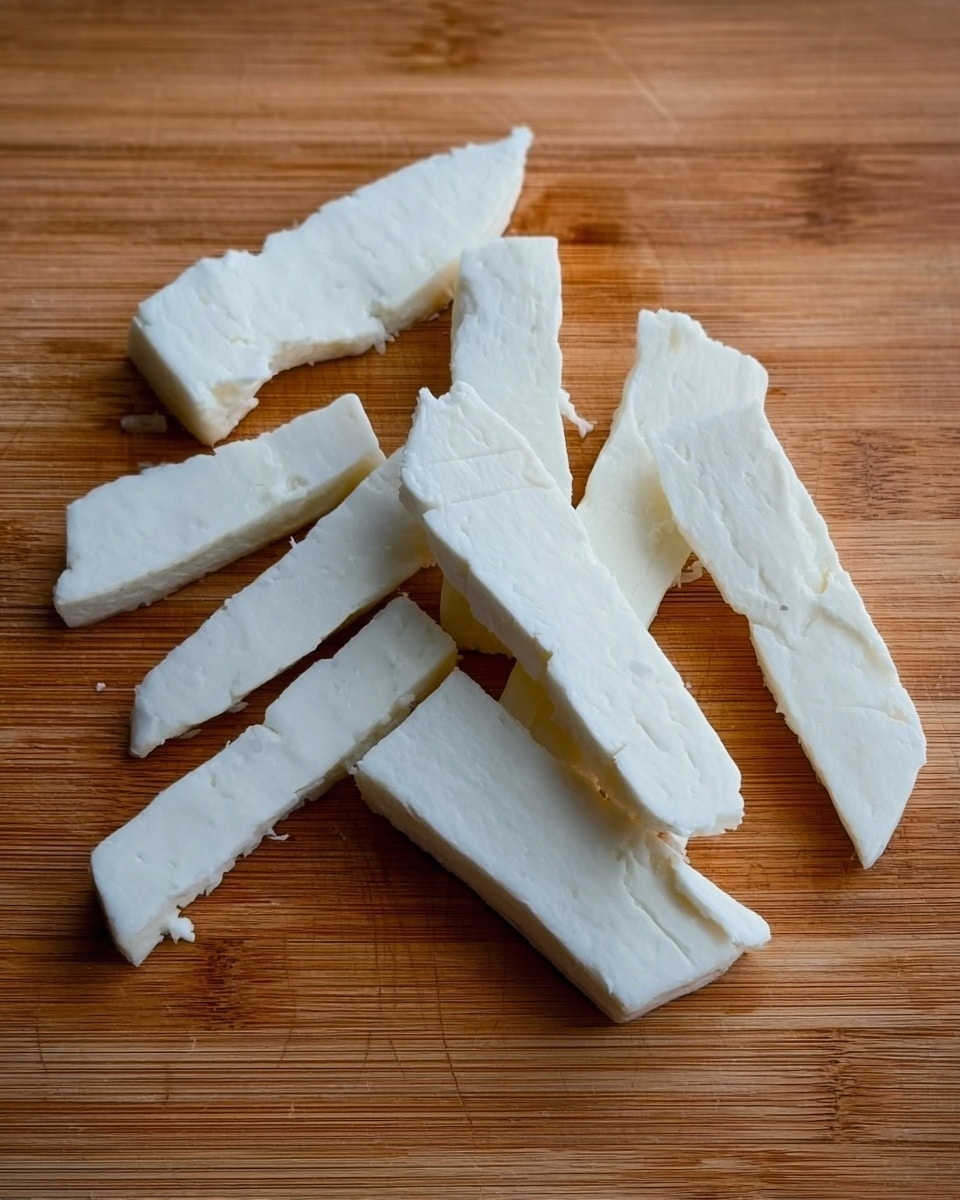 The image shows several uneven white slices of cheese placed on a wooden cutting board with a natural wood grain texture. The slices vary in shape and thickness, some are long and thin while others are shorter and wider, all showing a smooth, slightly creamy texture with minor cracks on the edges. The wooden board provides a warm background with light and medium brown tones, visible grain patterns, and a slightly glossy finish from use. Photo taken with an iphone --ar 4:5 --v 7