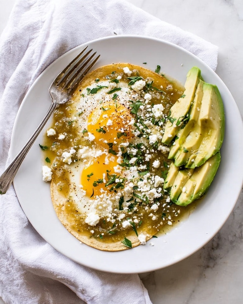 A white plate holds a tortilla base topped with two fried eggs, their yolks slightly broken and shining yellow, covered in a green salsa with a somewhat chunky texture. Crumbled white cheese is scattered over the salsa and eggs, with finely chopped green herbs sprinkled on top. On one side of the eggs, several slices of avocado rest neatly. A silver fork touches one egg yolk. The plate is placed on a white cloth with a soft fold, all set on a white marbled surface. Photo taken with an iphone --ar 4:5 --v 7