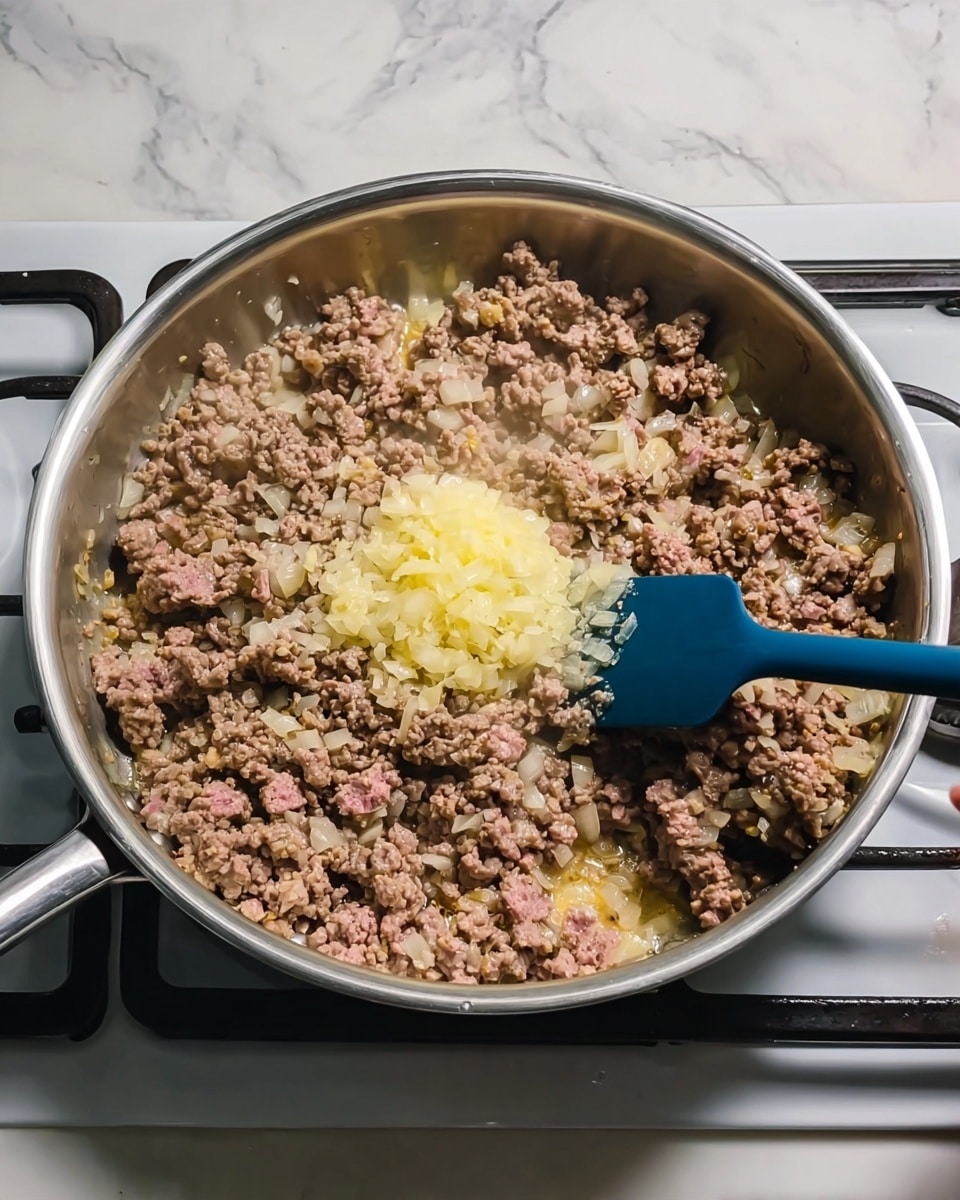 Inside a large stainless steel pan on a gas stove, finely chopped light brown onions and mostly browned ground meat with some pink parts are cooking together. In the middle, there is a small mound of crushed or finely minced pale yellow garlic. A blue silicone spatula is stirring the mixture, held by a woman's hand. The stove has white grates and the background surface is changed to white marble texture. The scene captures the heat and steam rising slightly from the pan photo taken with an iphone --ar 4:5 --v 7