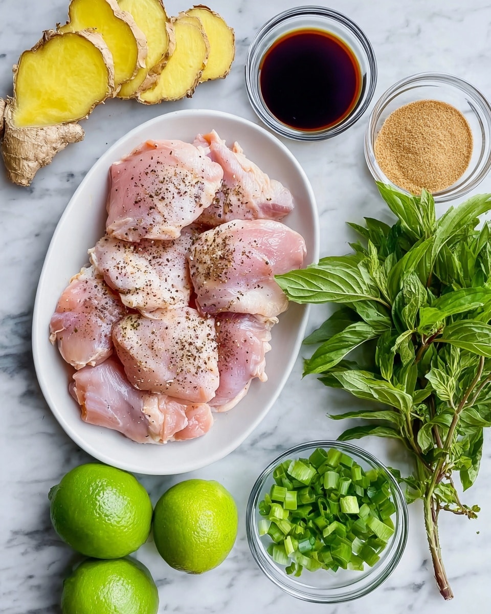 The image shows a white oval plate with six pieces of raw chicken thighs, light pink with some fat, sprinkled with black pepper. To the top left of the plate, there are two large, thin slices of light yellow ginger root. On the right side of the plate, fresh green herbs including mint, basil, and cilantro lay in a small pile. Below the herbs, a small clear glass bowl contains a dark brown liquid, likely soy sauce. Next to it is a smaller clear bowl with light brown sugar. Two whole bright green limes, one cut in half showing its juicy inside, lie near the bowls. At the bottom right corner, another clear bowl holds chopped green onions. All these are on a white marbled surface. photo taken with an iphone --ar 4:5 --v 7