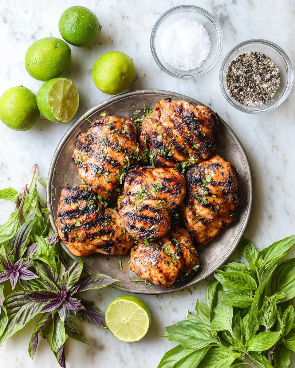 A round metal plate holds seven grilled chicken pieces with visible dark grill marks and a golden-brown crispy texture, sprinkled with small bits of green herbs. The chicken pieces are arranged overlapping in the plate center. Around the plate on a white marbled surface are five bright green whole limes, one lime sliced in half showing its juicy interior, and a bunch of fresh green basil leaves with purple stems. There are also two clear glass bowls above the plate, one filled with cracked black and white pepper, and the other with white coarse salt. The scene looks fresh and vibrant with a mix of rich warm and cool green colors. Photo taken with an iphone --ar 4:5 --v 7