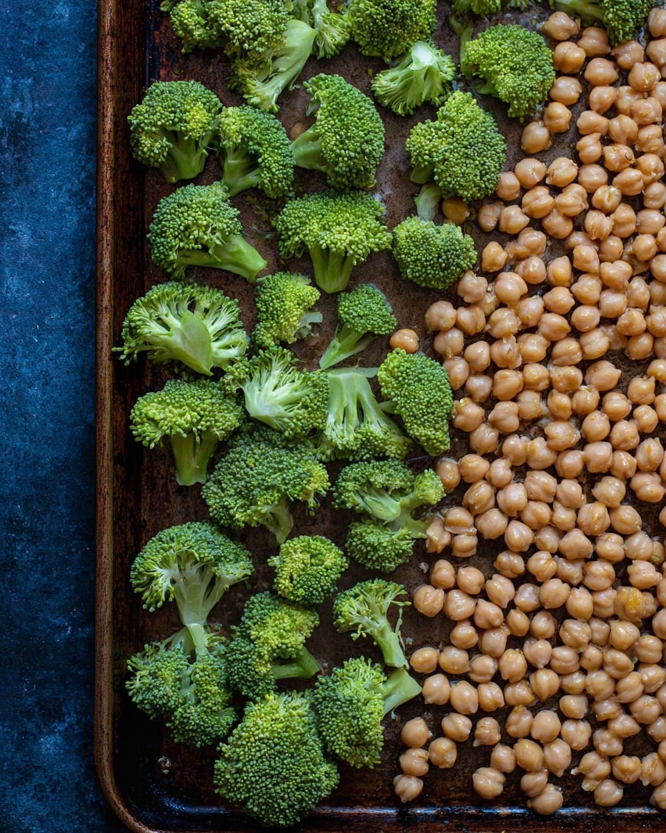 A brown baking tray filled with two main layers: on the left side, many bright green broccoli florets with a textured surface and short stems spread out unevenly, while the right side holds a large pile of smooth, round, tan chickpeas scattered close together, all set on a dark blue textured background photo taken with an iphone --ar 4:5 --v 7