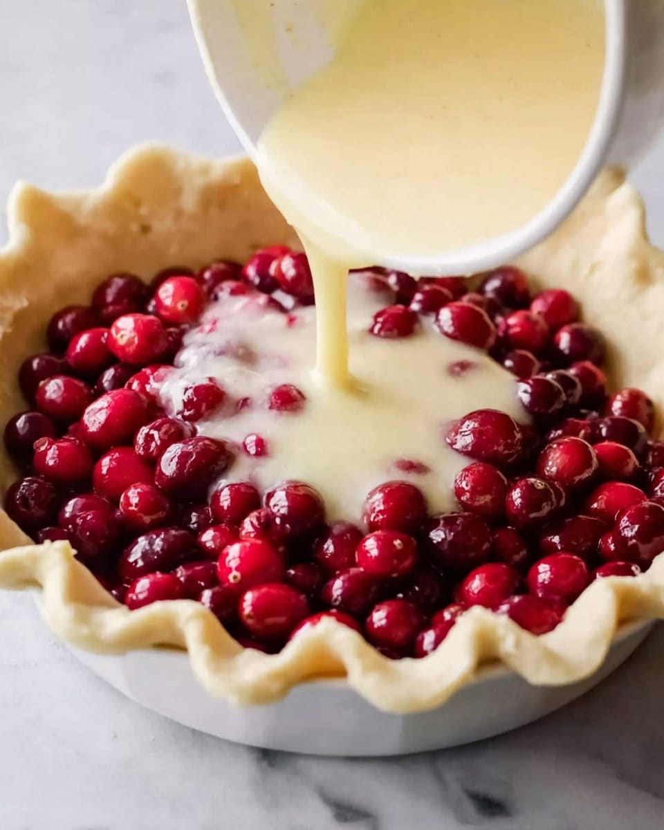 A close-up view of a white pie crust lined with bright red cranberries filling the base. A creamy, pale yellow batter is being poured from a white bowl onto the cranberries, creating a layer that will cover the vibrant red fruit. The pie crust edges are crimped with a fluted pattern, adding texture around the top. The scene is set on a white marbled surface, giving a clean and fresh background. The image captures the moment of pouring, focusing on the contrast between the smooth batter and the glossy, round cranberries. photo taken with an iphone --ar 4:5 --v 7