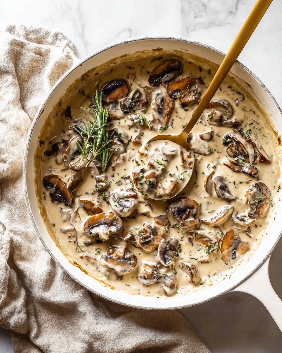 A white skillet holds a creamy mushroom sauce with visible sliced mushrooms in light brown and darker brown shades mixed in thick beige sauce with small green herb flakes. A golden spoon is inside the skillet, scooping some sauce and mushrooms, with a small sprig of fresh rosemary on top. The skillet is set on a white marbled surface, alongside a beige cloth. The photo taken with an iphone --ar 4:5 --v 7