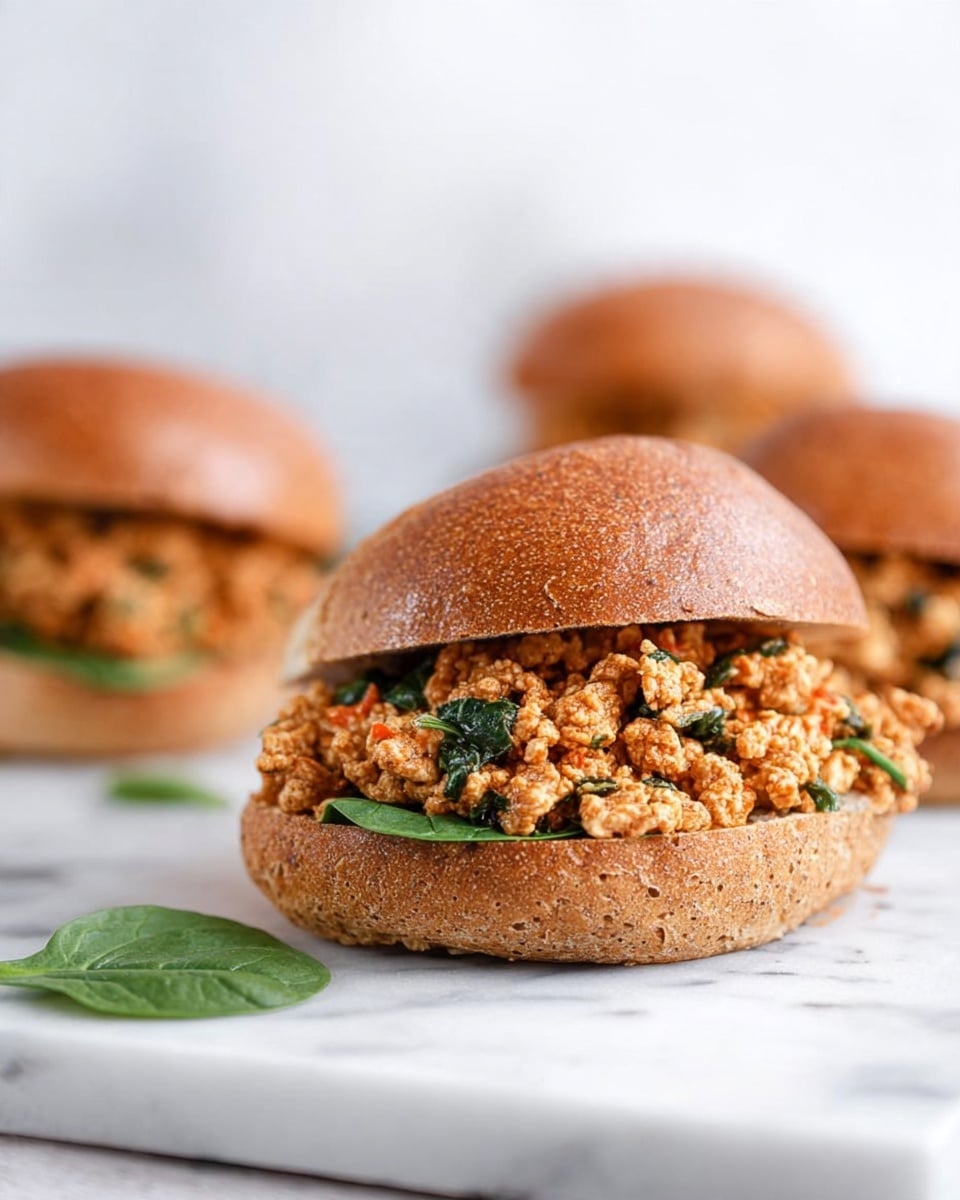 The image shows a close-up of a sandwich on a white marbled surface, made with a whole wheat bun that is shiny and soft. The sandwich has two layers: the bottom layer is a thick, slightly toasted bun that is brown and grainy, and the top layer is a loose, chunky filling made of light brown crumbled pieces mixed with small green leafy bits and tiny orange chunks. The bun's top is slightly lifted to reveal the filling inside. In the background, there are two more similar sandwiches blurred out, creating depth. There is also a small green spinach leaf on the surface near the sandwich. Photo taken with an iphone --ar 4:5 --v 7