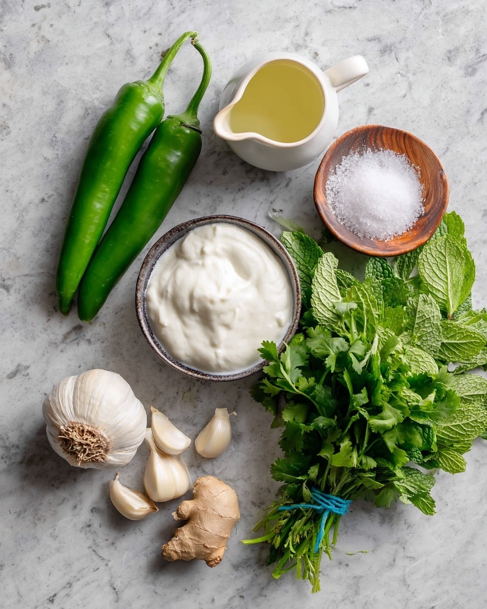 The image shows fresh ingredients arranged on a white marbled surface, including two bright green chilies on the left, three peeled garlic cloves below them, a small light brown ginger piece near the bottom center, and a quarter of a white onion next to the garlic. There is a bunch of fresh green cilantro tied with a blue band at the bottom right and a bunch of fresh green mint leaves near the top right. In the center, a white bowl holds a thick white yogurt-like substance, and next to it on the right is a small wooden bowl filled with white salt. Above the white bowl is a small white jug filled with light-yellow liquid. photo taken with an iphone --ar 4:5 --v 7