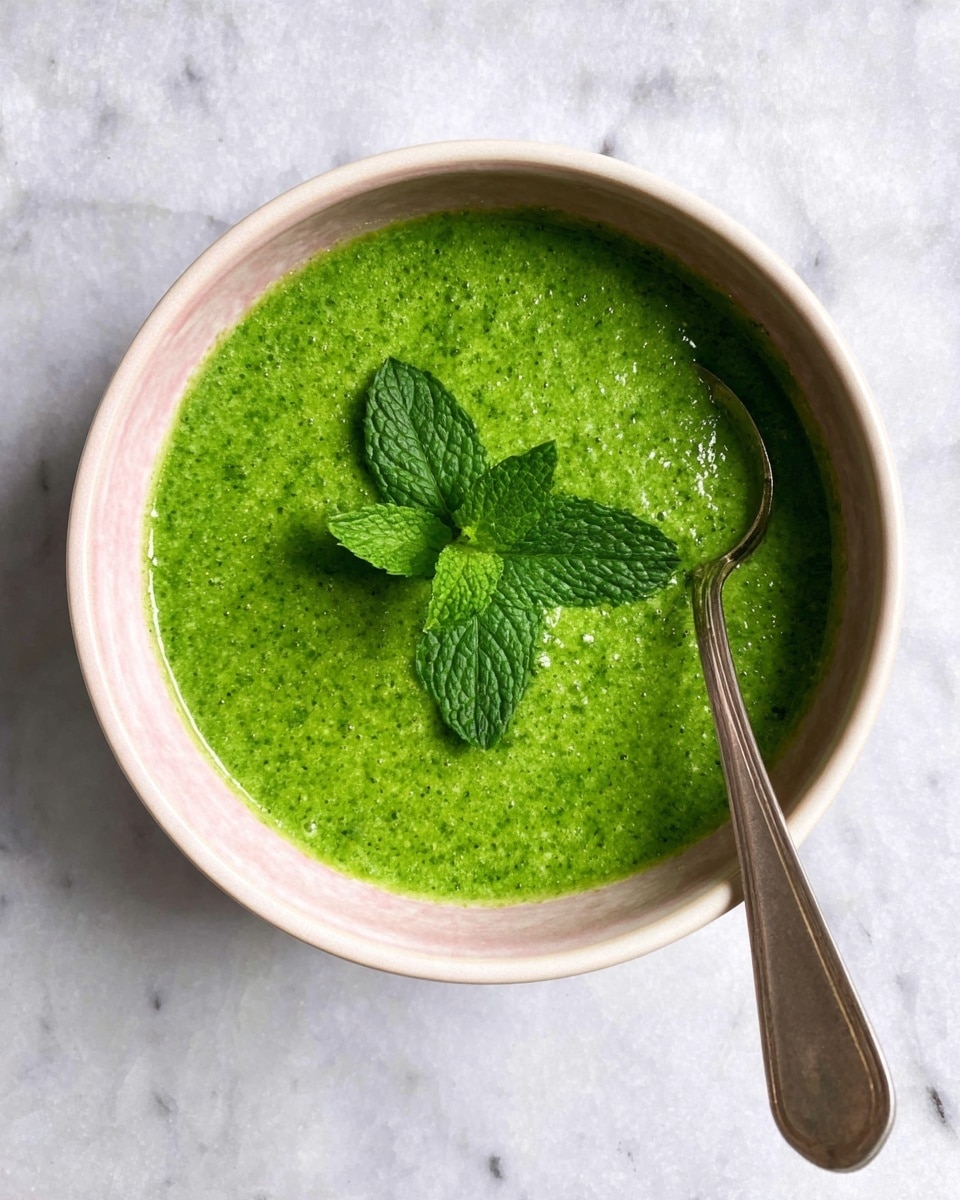 A bowl filled with bright green sauce that is smooth but slightly textured, topped with three fresh mint leaves in the center. The bowl is white with a soft pink rim and a shiny silver spoon is placed inside the sauce on the right side. The bowl sits on a white marbled surface. Photo taken with an iphone --ar 4:5 --v 7