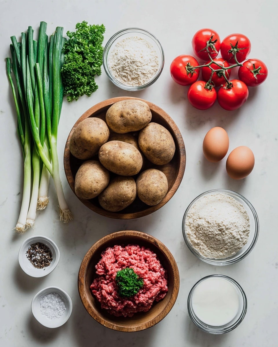 A flat lay of fresh cooking ingredients arranged neatly on a white marbled surface: a wooden bowl filled with eight brown potatoes in the center; below it, a wooden bowl with a pile of raw ground meat topped with a sprig of green parsley; to the right, a group of eight red tomatoes clustered together; above the potatoes, five small white bowls and two glass bowls containing various ingredients including two brown eggs, two different white powders, a light beige grain, and a smooth white cream or yogurt; on the left side, a bunch of fresh green onions and parsley laying side by side; at the bottom left corner, two small white bowls with coarse salt and cracked black pepper. Photo taken with an iphone --ar 4:5 --v 7