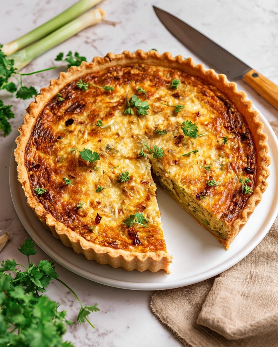 A round tart with a golden-brown crust sits on a white plate, displaying a slightly raised edge with fluted detail. The filling is a mix of light golden and browns, with visible small pieces of green vegetable, topped with small sprigs of fresh green herbs scattered across it. One slice is removed, revealing a thick, soft filling layered inside the crust. The tart is set on a white marbled surface with a knife beside it that has a wooden handle, some fresh green herbs nearby, and a light brown cloth napkin partially in the frame. Photo taken with an iphone --ar 4:5 --v 7