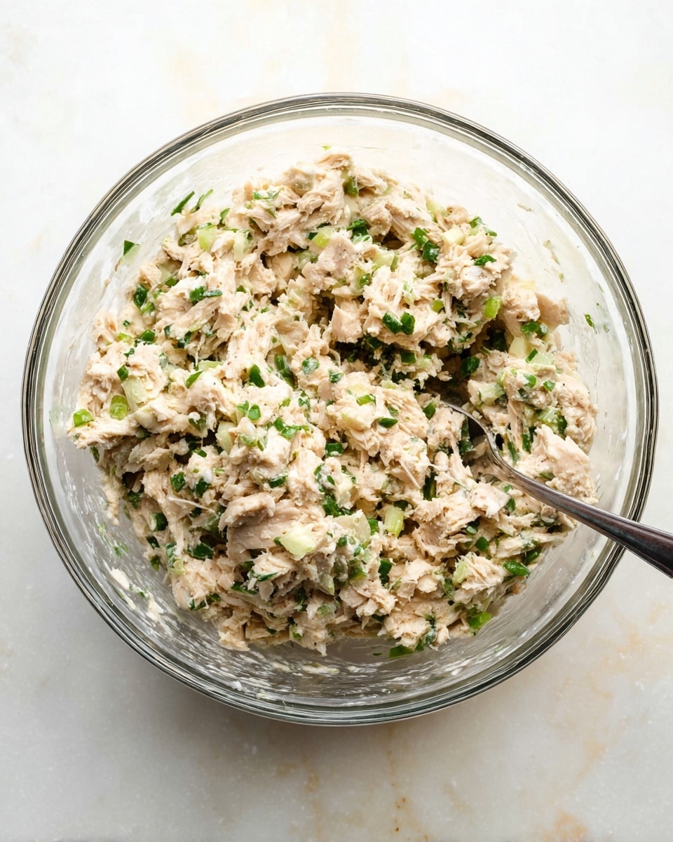 A glass bowl filled with a chunky mixture made of small pieces of light beige fish, finely chopped green herbs, and tiny bits of white onion, all combined with a creamy dressing. The texture looks soft and slightly moist, with green flecks scattered evenly throughout. A metal fork rests inside the bowl, partly submerged in the mixture, which sits on a white marbled surface. Photo taken with an iphone --ar 4:5 --v 7