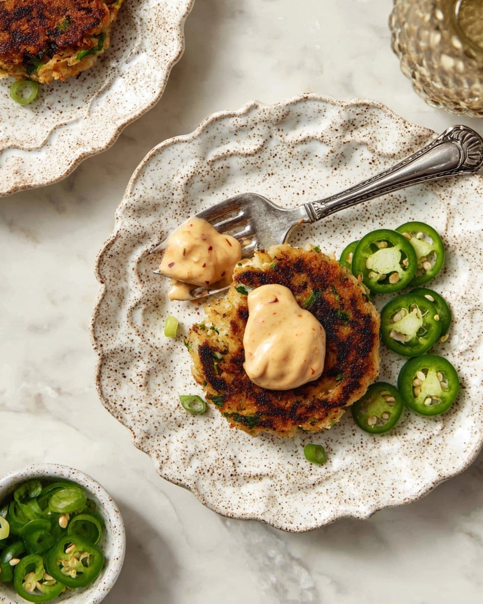 A white speckled plate with a distinctive scalloped edge holds a single golden-brown crab cake, textured with visible bits of green herbs and slight charring that adds depth to the surface. On top rests a thick dollop of creamy sauce with a pale orange hue, being scooped by a detailed silver spoon that leans on the cake. To the side of the crab cake lies a small pile of bright green sliced jalapeños with seeds visible, providing a fresh contrast in color. The plate sits on a white marbled surface, and a corner of another similar plate is visible holding more crab cakes, while another white speckled bowl with jalapeño slices peeks in from the upper corner. Photo taken with an iphone --ar 4:5 --v 7