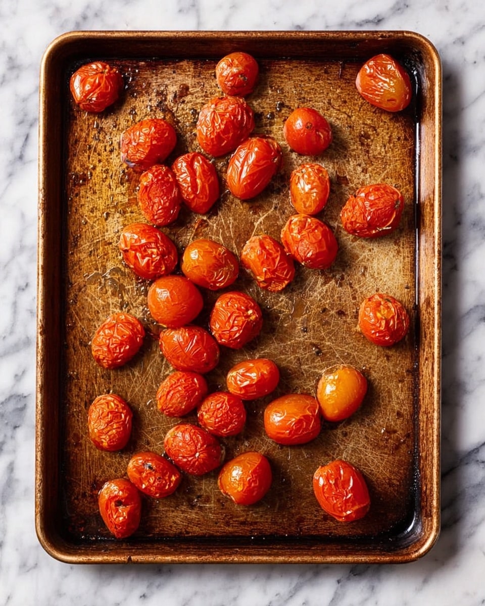 A rusty brown baking tray with 24 small, round roasted tomatoes spread unevenly across its surface, some tomatoes are bright red and still smooth while others are wrinkled with a deeper reddish-orange color, showing a soft texture. The tray sits on a white marbled surface, adding contrast to the warm tones of the tomatoes and the battered metal tray’s scratch marks and stains. The lighting highlights the shiny skins of the tomatoes, creating a fresh roasted look photo taken with an iphone --ar 4:5 --v 7