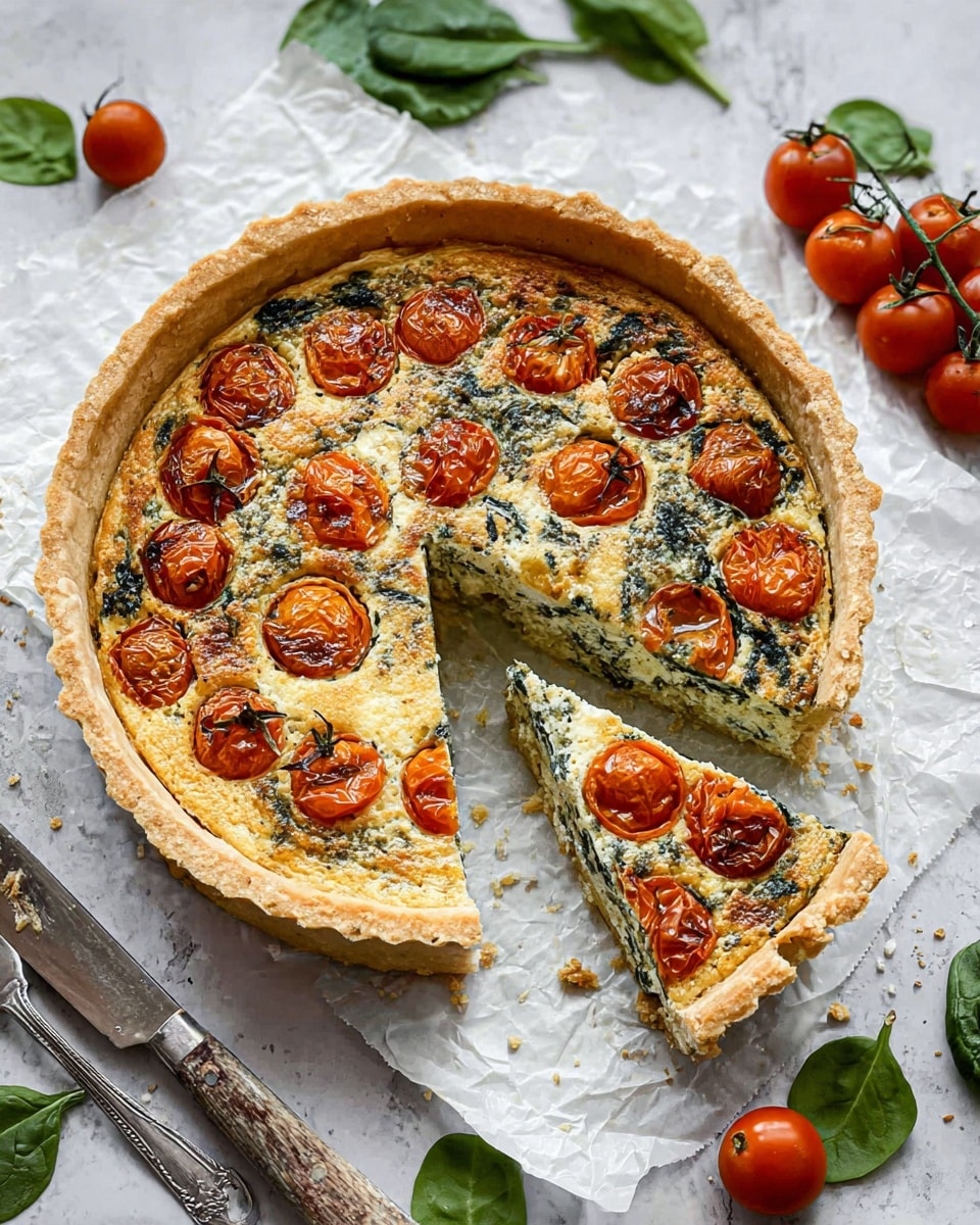 A round quiche sits on crumpled white parchment paper over a white marbled surface, showing a golden brown crust with a slightly raised edge. The quiche filling has two layers: the bottom layer is creamy and pale with visible chopped green spinach, while the top layer is baked light brown with a textured surface dotted with halved roasted cherry tomatoes that are deep orange to reddish with wrinkled skins. Three slices have been taken out from the right side, revealing the creamy inner layer and the tomato topping clearly. Around the quiche, fresh spinach leaves, whole cherry tomatoes, and a few silver forks lie on the white marbled surface. A rustic knife rests beside the quiche photo taken with an iphone --ar 4:5 --v 7