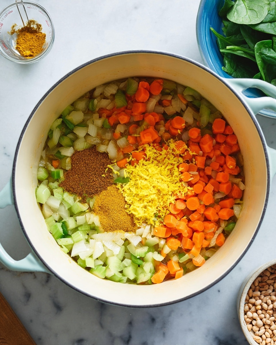 Inside a large white pot with two side handles, there is a colorful mix of diced vegetables and spices. The bottom layer shows chopped onions, sliced orange carrots, and green celery pieces, all slightly cooked and soft. On top of this, there is a small heap of bright yellow grated zest, likely lemon or orange, along with two piles of ground spices – one mustard yellow and the other a mix of dark brown shades. Around the pot, on a white marbled surface, there are some fresh green spinach leaves in a blue bowl and a measuring cup with dry legumes. The overall scene looks fresh and ready for cooking, photo taken with an iphone --ar 4:5 --v 7