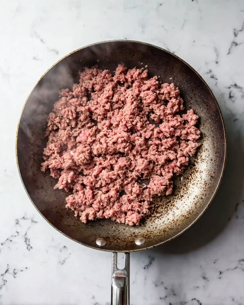 A round frying pan with a metal handle sits on a stovetop, filled with browned ground meat with some pink parts still visible. The meat is spread evenly in the pan but not pressed down, showing a crumbly texture. The stovetop and the surface beneath the pan have a white marbled texture, with faint steam rising from the cooking meat. Photo taken with an iphone --ar 4:5 --v 7