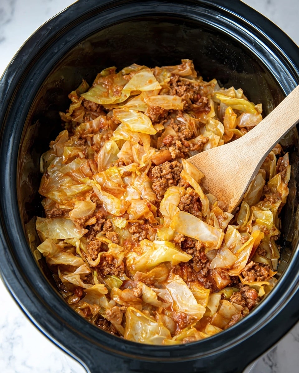 This image shows a slow cooker filled with a cooked dish made of chopped cabbage mixed with small chunks of ground meat and a tomato-based sauce. The cabbage pieces are pale yellow with slightly darker edges, soft and tender, covering almost the entire surface inside the black slow cooker. Interspersed among the cabbage are small crumbles of brown cooked meat, adding texture and contrast. The sauce is a reddish-orange color, coating all ingredients and giving the dish a moist, shiny look. A wooden spoon is partially submerged on the right side, lifting part of the mixture. The slow cooker sits on a white marbled surface. photo taken with an iphone --ar 4:5 --v 7