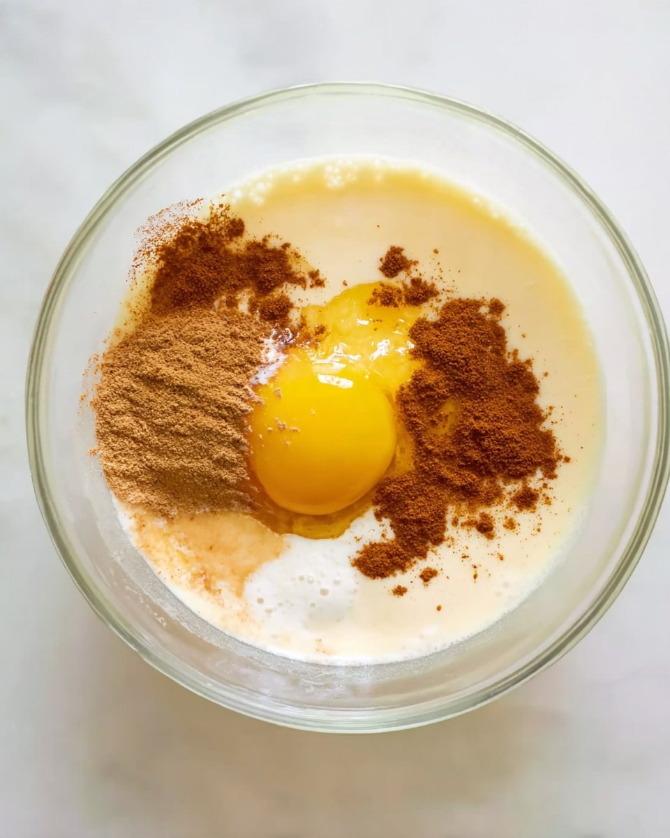A clear glass bowl sits on a white marbled surface filled with a mix of ingredients to make a recipe. At the base, there's a light creamy liquid layer, likely milk or cream. On top of this is an unmixed raw egg yolk, bright yellow and round, with a shiny, smooth texture. Surrounding the yolk are small piles of brown cinnamon powder sprinkled unevenly, adding a contrast in texture and color. The mix of beige liquid reaches the sides but does not cover the egg yolk or cinnamon. The overall image is bright and clear, showing the fresh and raw state of the ingredients, photo taken with an iphone --ar 4:5 --v 7
